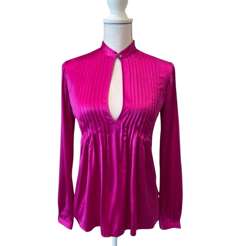 Theory Bianca Silk Blouse Keyhole Pleated Magenta Pink Barbiecore Satin Size XS